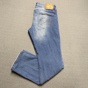 GUESS Jeans Mens 34x30 Blue Skinny Light Wash Whiskered Faded Logo Denim Stretch